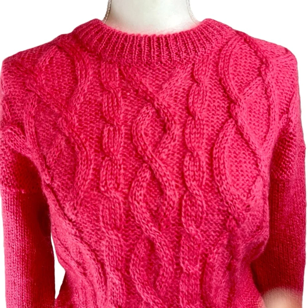 Vintage CRYSTAL Pink Mohair Wool Cable Knit Pullover Sweater Medium Crew Neck - Picture 3 of 13
